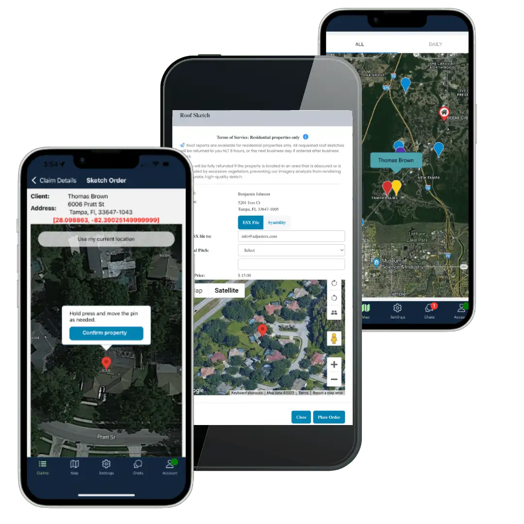 AdjusterX insurance adjuster software showing RouteX Pro mobile routing and SketchX Pro roof diagram tools for field adjusters