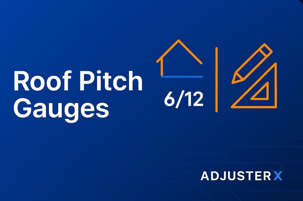 Graphic showing roof pitch measurement with 6/12 slope and tools used by adjusters, titled Roof Pitch Gauges by AdjusterX